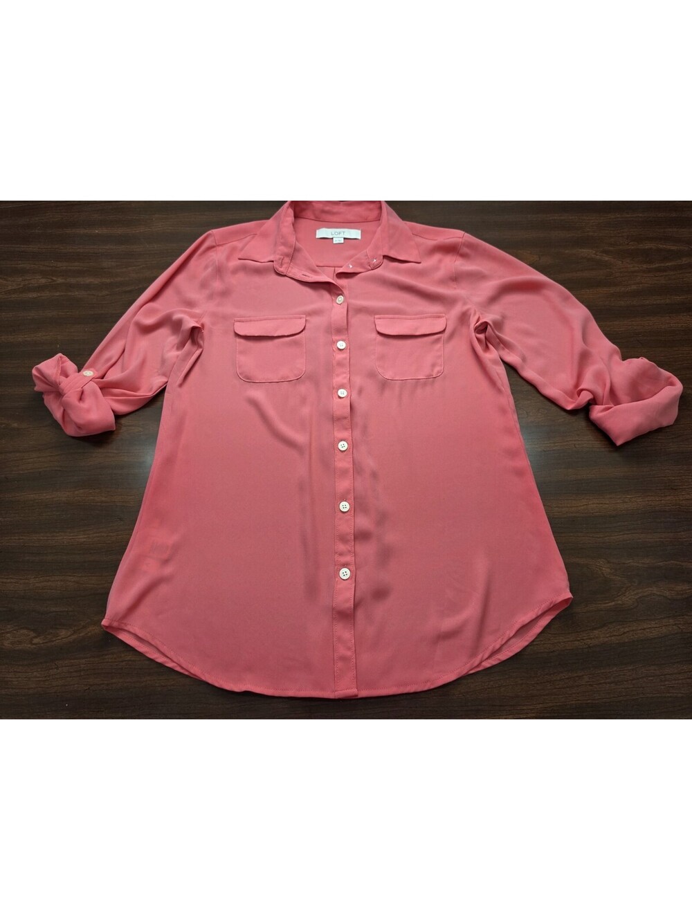 Loft Coral Pink Roll Tab Sleeve Lightweight Utility XS Blouse Corporate Chic